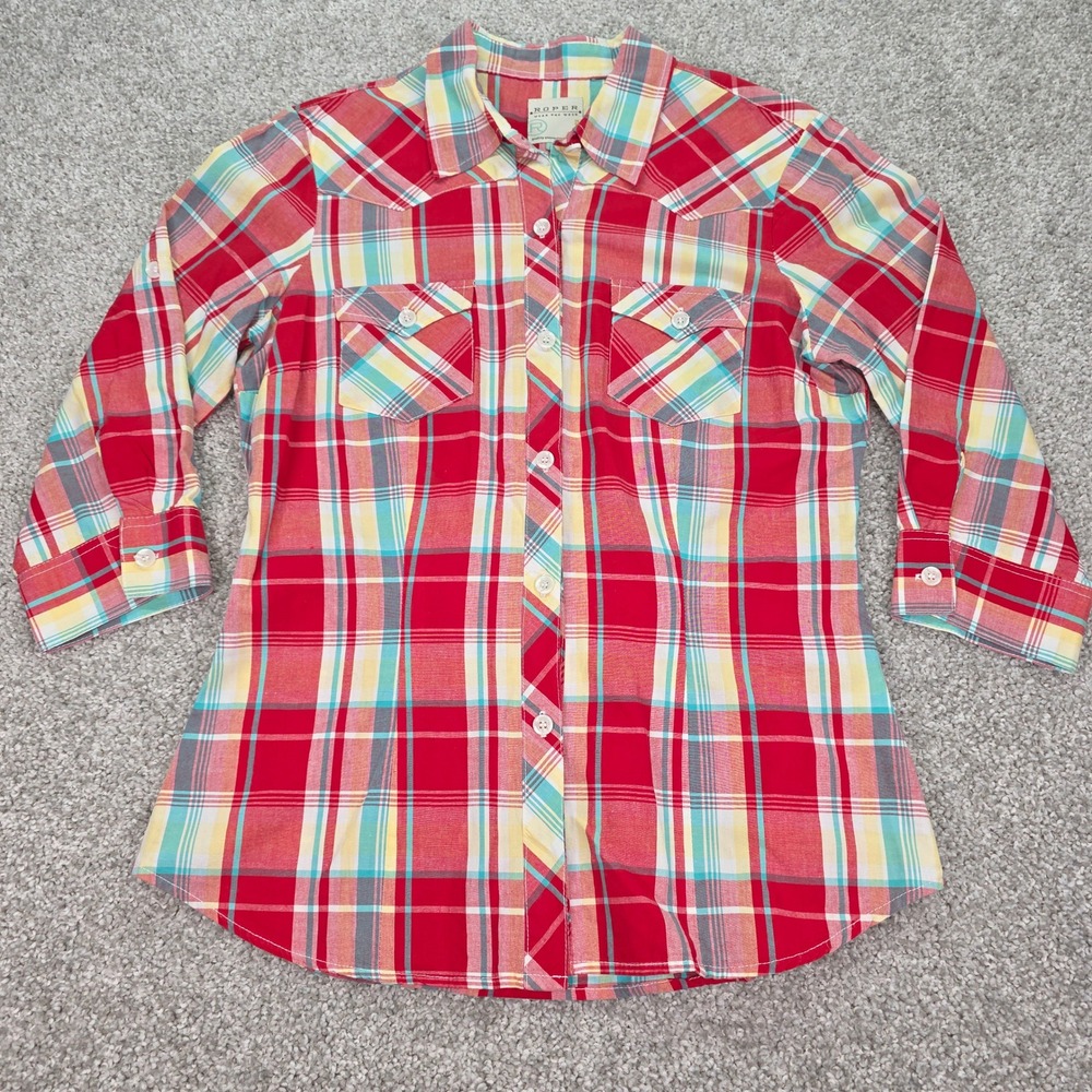 Roper Wear the West Womens Red Plaid Western Shirt 3/4 Sleeve Size S